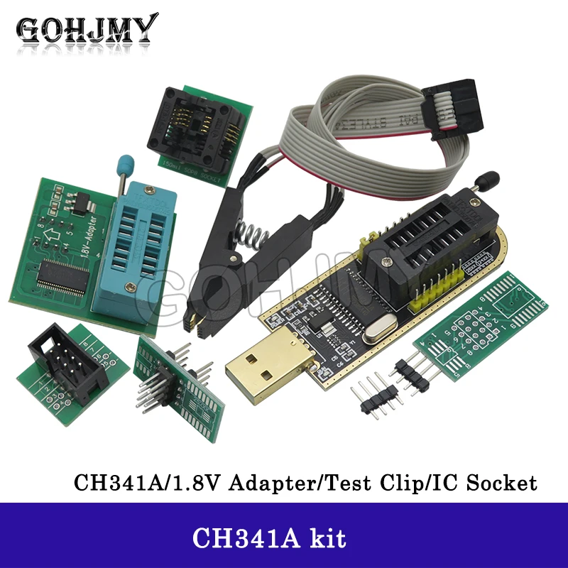 CH341A 24 25 سلسلة EEPROM Flash BIOS USB وحدة مبرمج + SOIC8 SOP8 اختبار كليب + محول 1.8 فولت + محول SOIC8 لتقوم بها بنفسك عدة