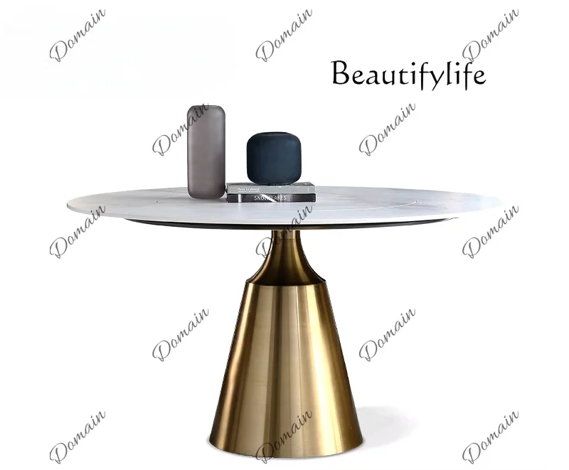 35 N Light luxury rock slab dining table Built-in turntable Simple round household rock slab dining table