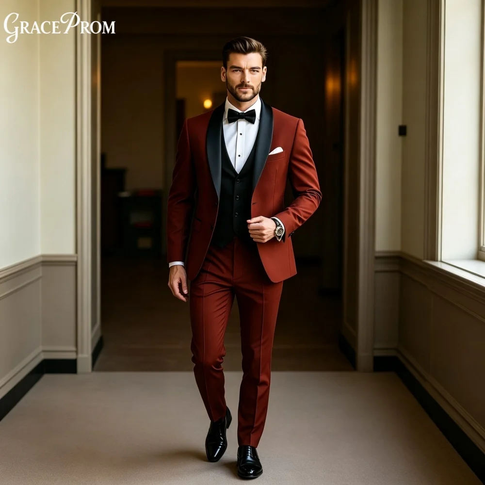 Handsome 3PCS Mens Tuxedo Black Satin Shawl Vest Pants Set Groom Suit For Wedding Ceremony Prom Banquet Formal Event Customized
