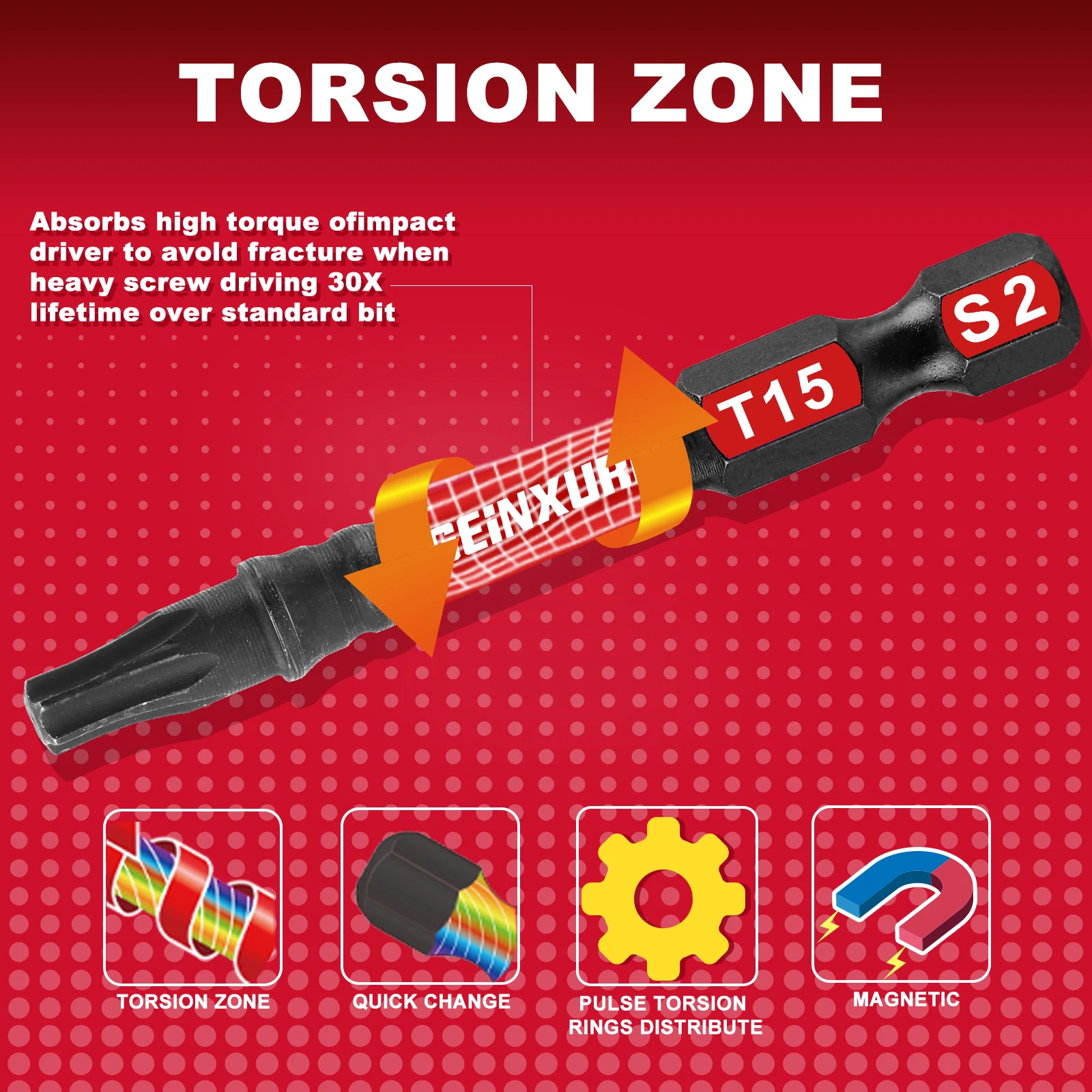 Geinxurn 2 In.Torx Head Power Impact Tough Magnetic Power Bit Set,S2 Alloy Steel Star T15 Screwdriver Bits Set