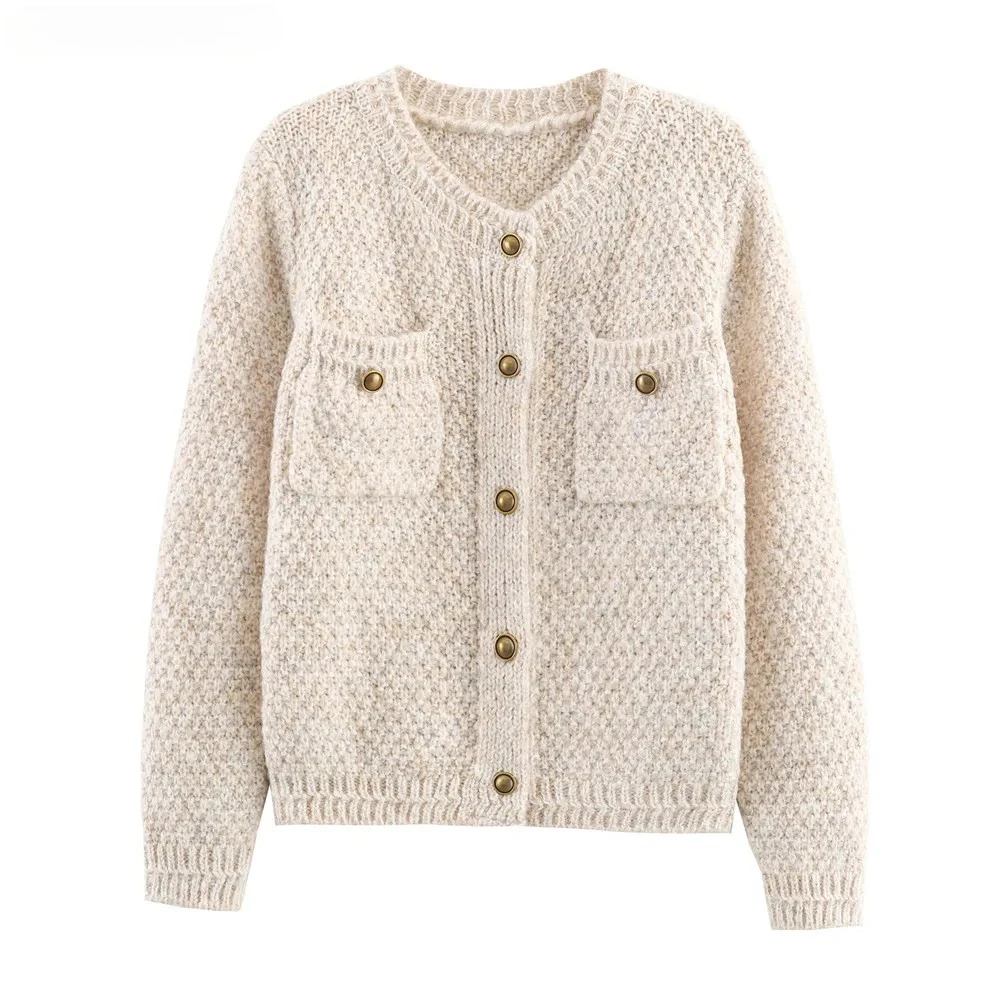 

Woman Full Sleeve Single-breast Buttons Loose Sweater Jumper Knitwear Autumn Winter Beige Front Pockets O neck Knitted Cardigan