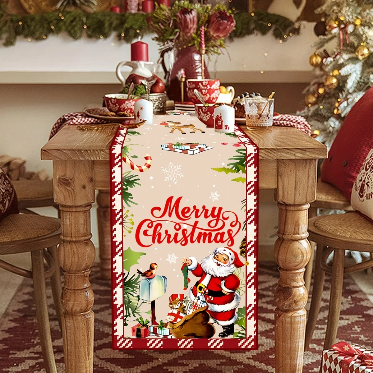 Christmas Santa Claus Gift Box Linen Table Runner Holiday Party Decor Winter Xmas Kitchen Dining Table Runners Christmas Decor