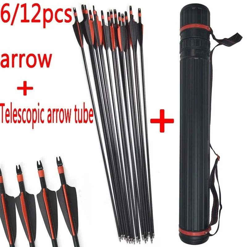 6/12pcs Archery Sport 31.5inch Fiberglass Arrow Black Red Arrow Feather Durable and Can Be Equipped with Telescopic Arrow Tube