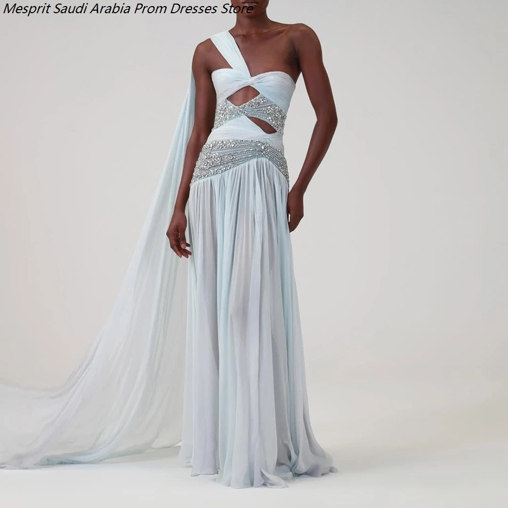 Women's A-line Evening Dresses Floor-length One-shoulder Sleeveless Prom Dresses Fashion Crystal Simple Draped Customized Gowns