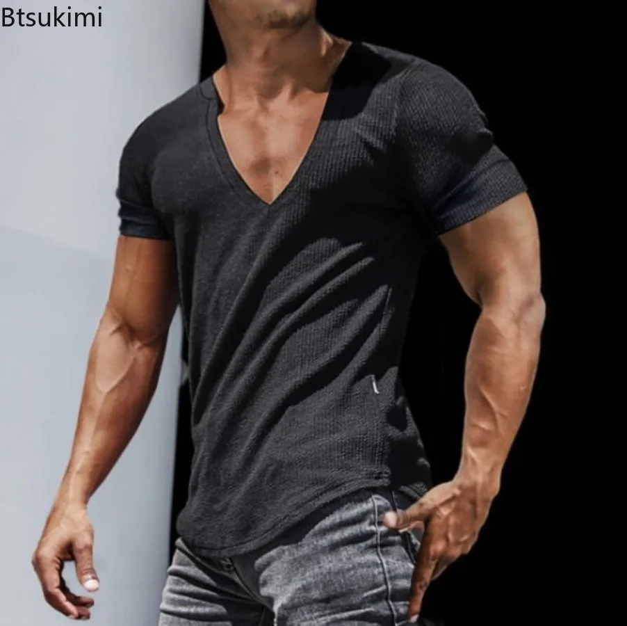 2026 Men's V-neck Short Sleeve T-shirts Solid Breathable Sweat Absorption Quick Dry Summer Men Sports Tops Pullover Tees for Men