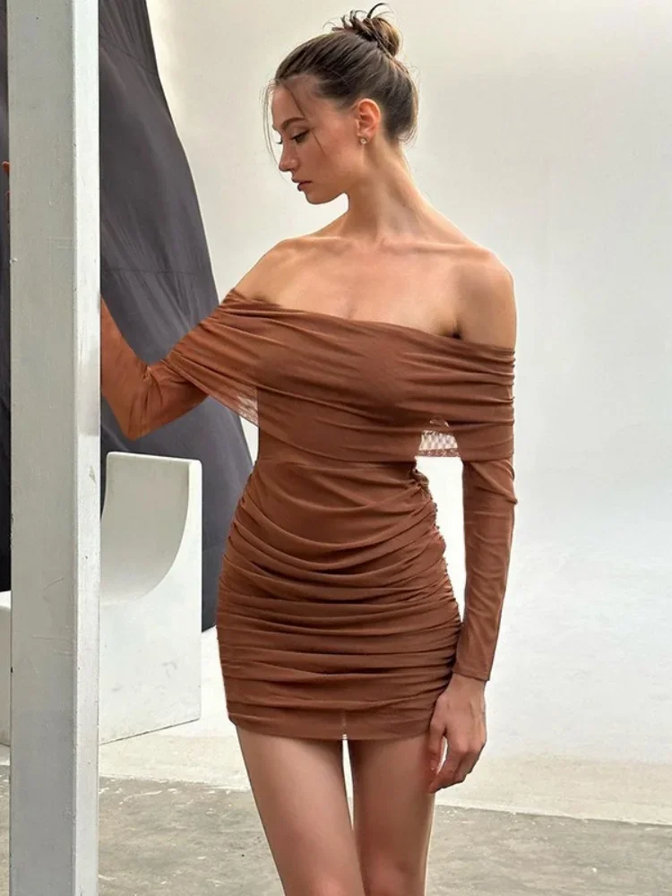 

Strapless Bodycon Dress For Women Sexi Night Dress Hot Club Outfits Long Sleeve Vestidos De Mujer Shirring Elegant Lady Clothing