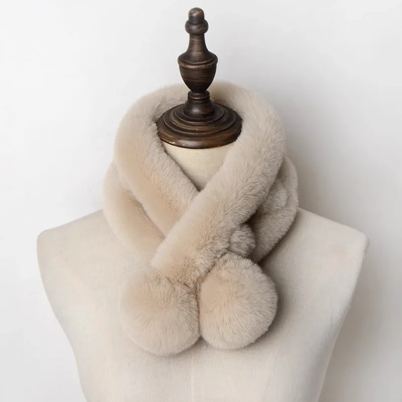 1pc Plush Cross Scarf Faux Rabbit Fur Thickened Plush Ball Thermal Scarf Thick Winter Women Neck Warmer Collar Neckerchief