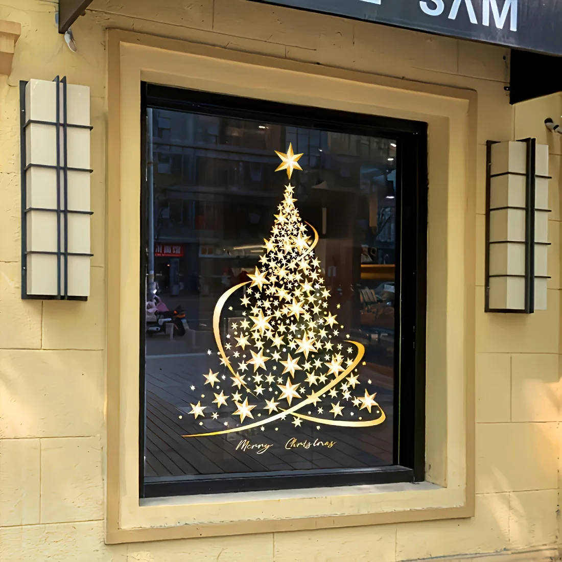 2025 New Classic Gold Christmas Tree PVC Static Cling Window Stickers Snowflake Window Decals for Smooth Glass Doors Windows