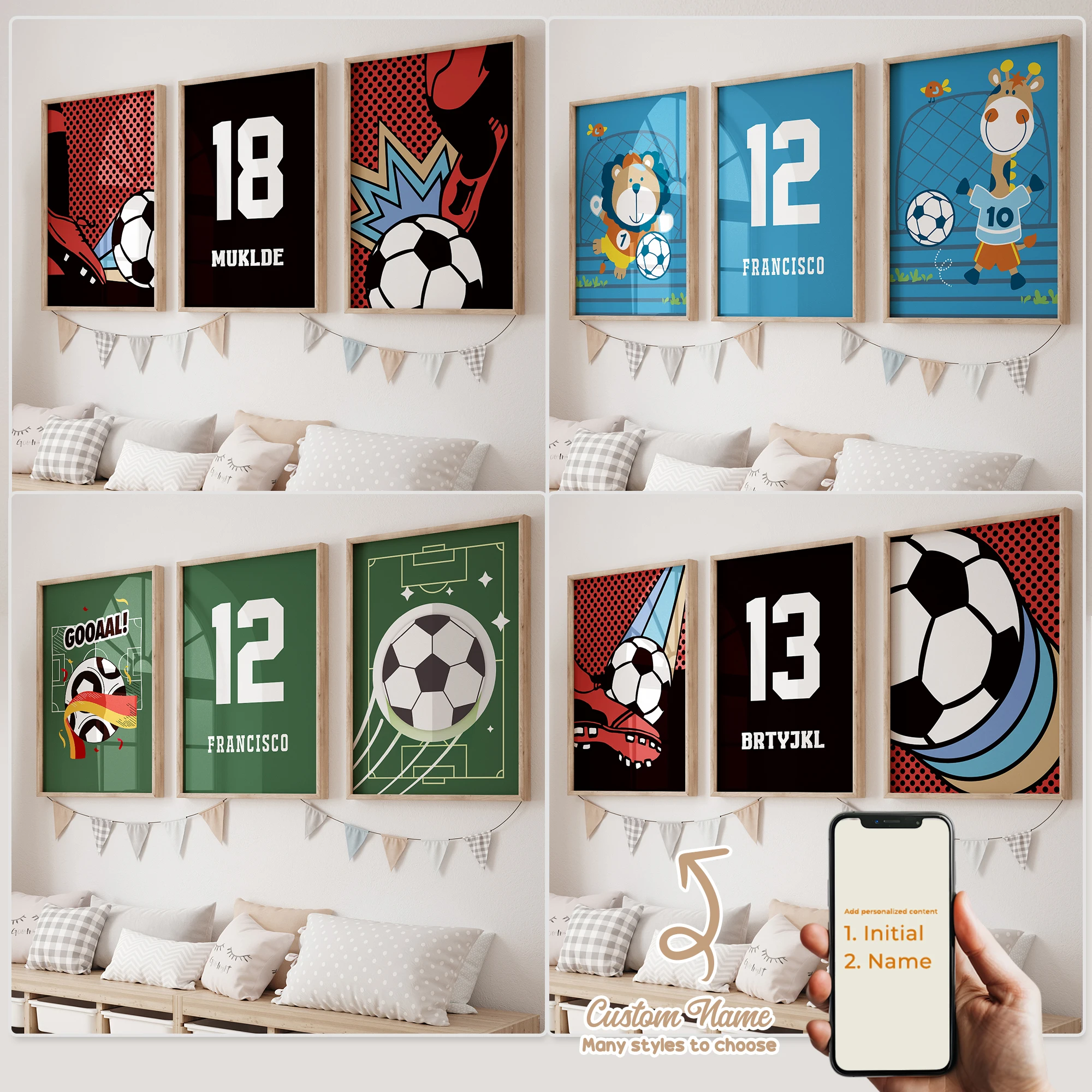 3pcs Personalized Custom Name Cartoon Child football Wall Ar