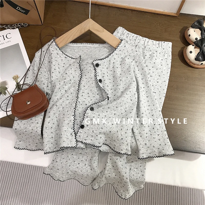 Girls Autumn Suit New Little Girl Coffee Floral Small Floral Cardigan Sling Bell Bottoms Three-piece Set