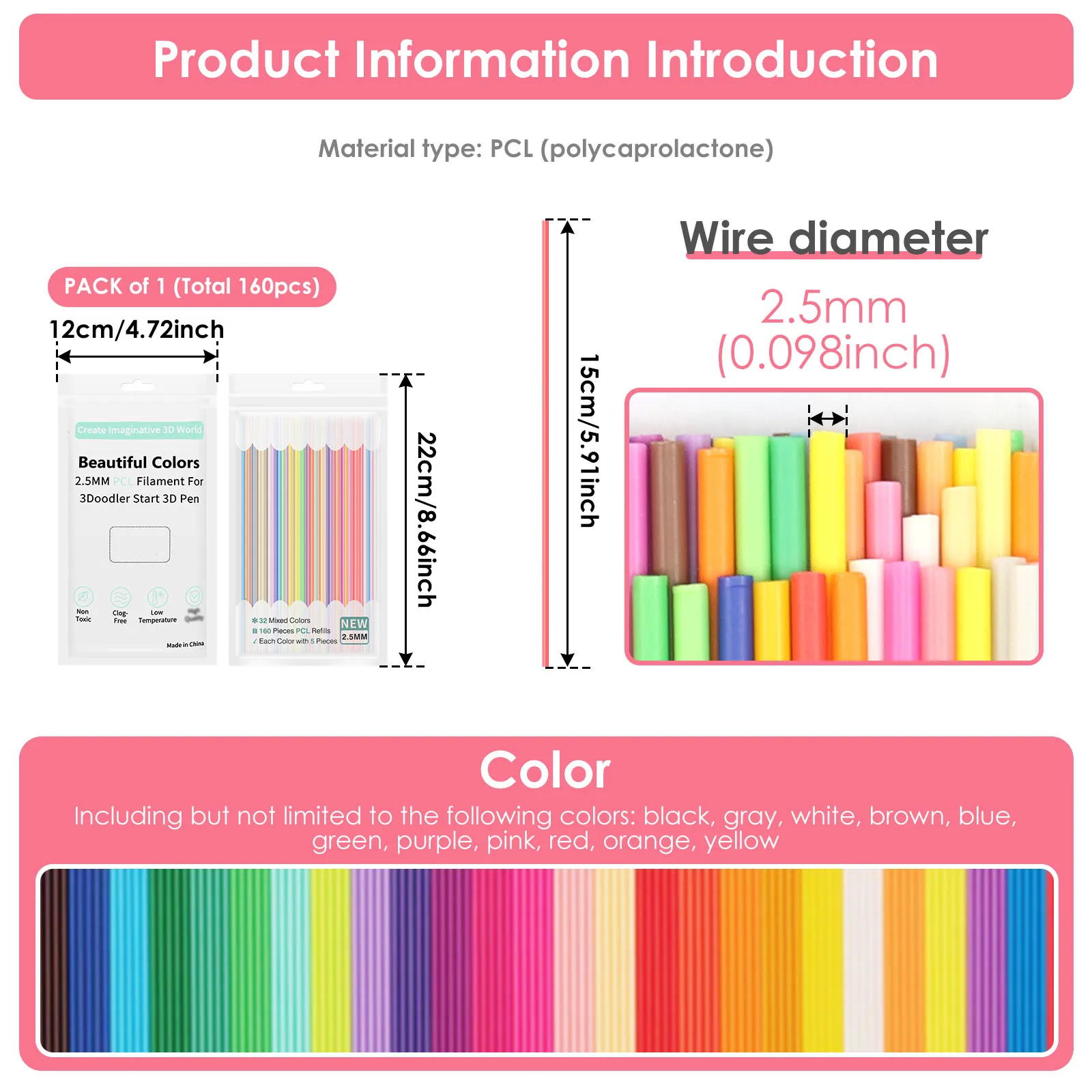 320/160 Strands 2.5mm 3D Doodler Refill 25/30/32Colors 3D Doodler Pen Refills Safe Low Temperature PCL For 3Doodler Start +