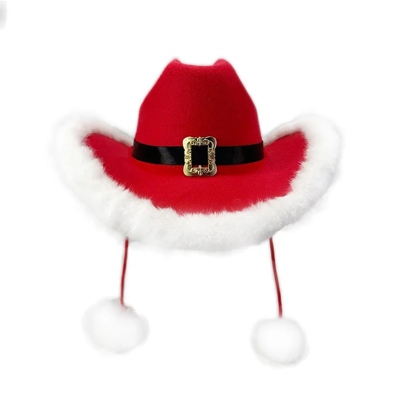 Chapéu de cowboy para festa de natal, acessórios confortáveis para fantasia, aba larga, chapéu de cowgirl, bola de pelúcia, cordas, chapéus ocidentais