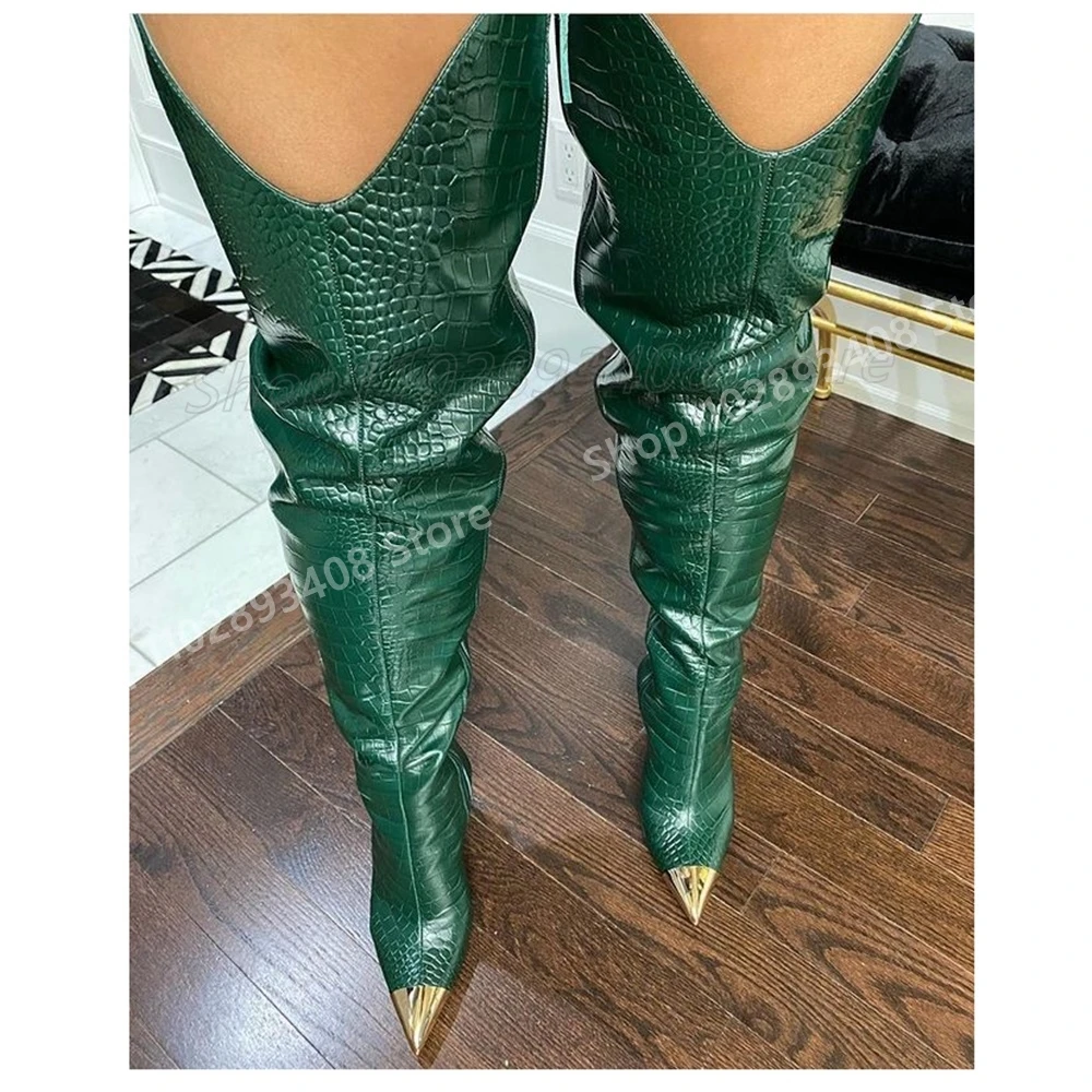 

Green Crocodile Print Over the Knee Boots Metal Pointy Stiletto High Heel Fashion Sexy Women Shoes 2025 Hot Girls Para Mujere