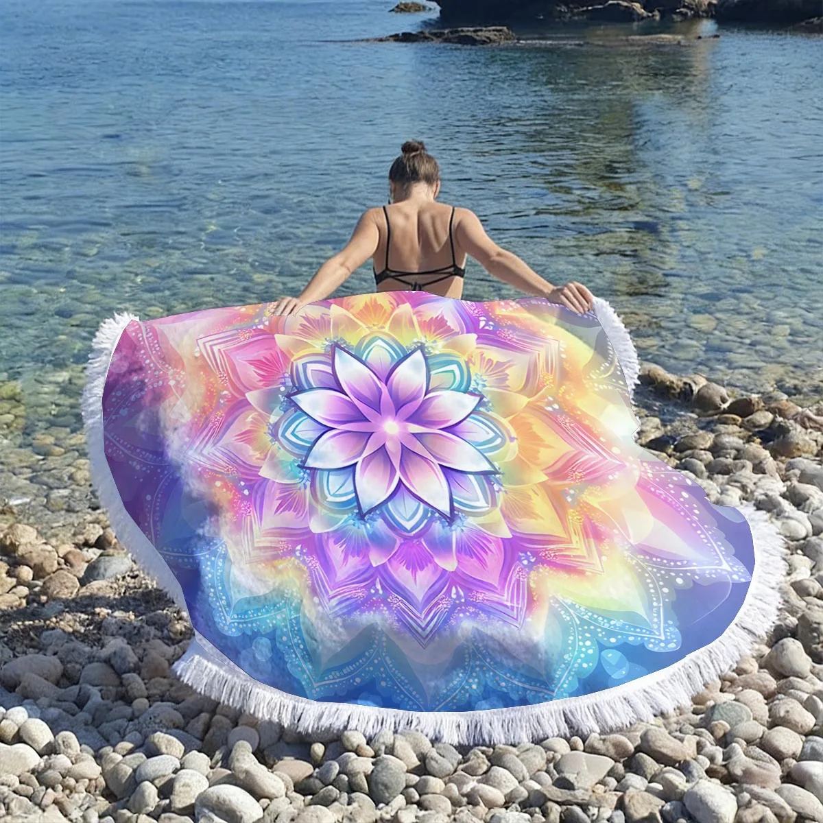 Light Color Round Mandala Beach Towel Soft Microfiber Print Quick Dry Absorbent Tassel Towel for Women Swimming Pool Travel Gift