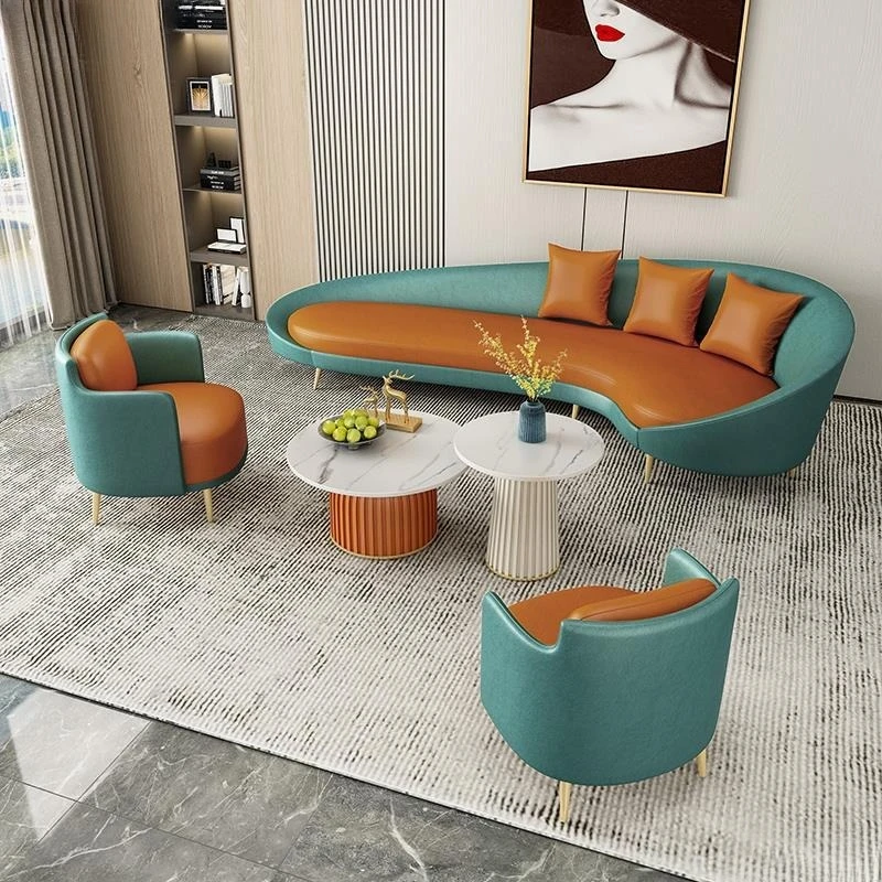 北欧リビングルーム多人数レザーアートソファコーヒーテーブル組み合わせ、シンプルなアイアンアートオフィスソファ、レジャー交渉ソファ