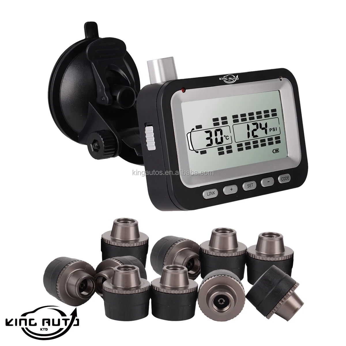 CE Certified Kingauto KA2000-10X Digital Tire Pressure Temperature 10 Sensors Real-Time/Full-Time Alarms 8-30V DC Silver