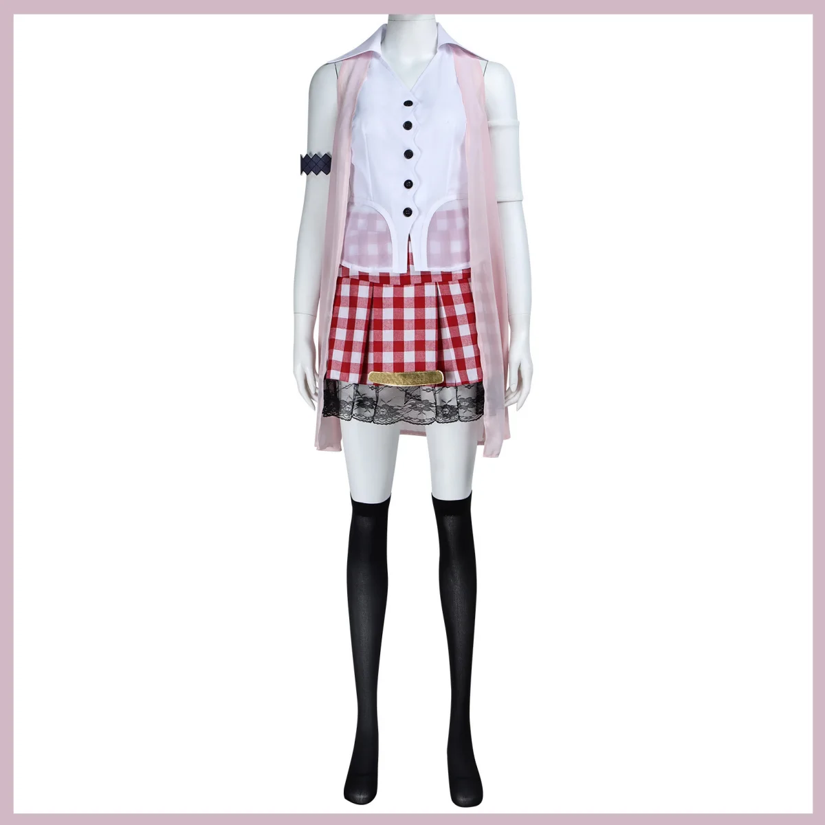 Game Final Fantasy XIII‌ Serah Farron Cosplay Costume Pink Shawl Grid Skirt Wig Adult Woman Sexy Cute Daily Leisure Suit view 3