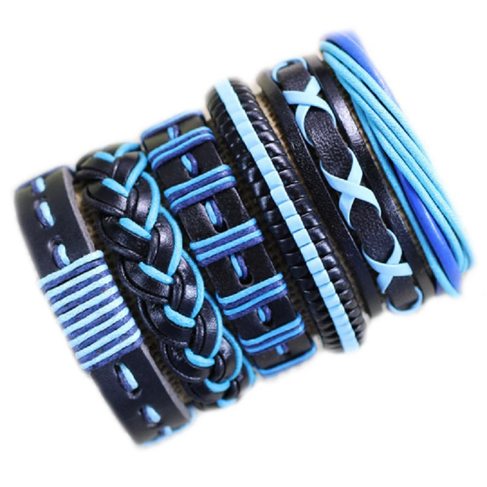 6Pcs/ Set Braided Wrap Leather Bracelets for Men Charm Ethnic Tribal Adjustable Bracelet Leather Weave Wristbands Jewelry-S02