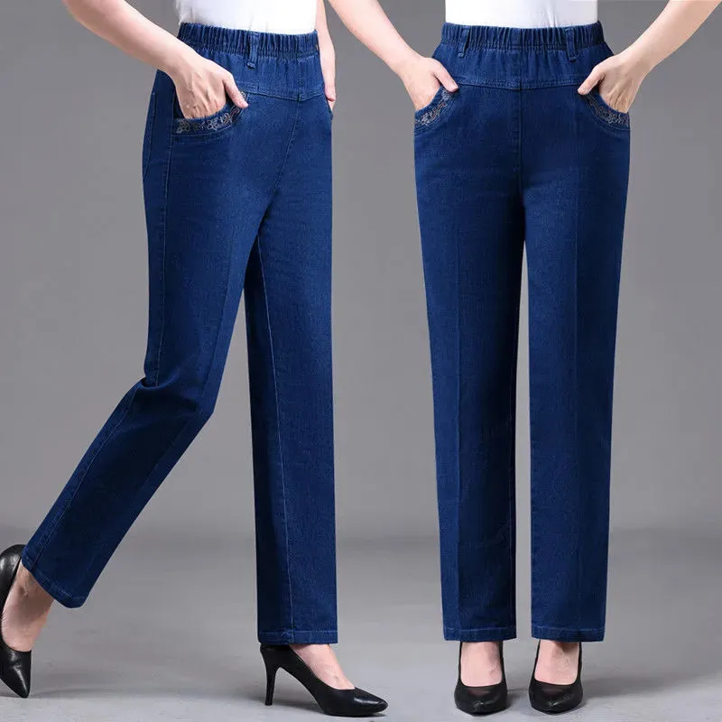 

Large Size Basic High Waist Jeans Women Mom Jeans Denim Pants Spring Autumn Ladies Elastic Waist Straight Loose Jeans Pants 5XL