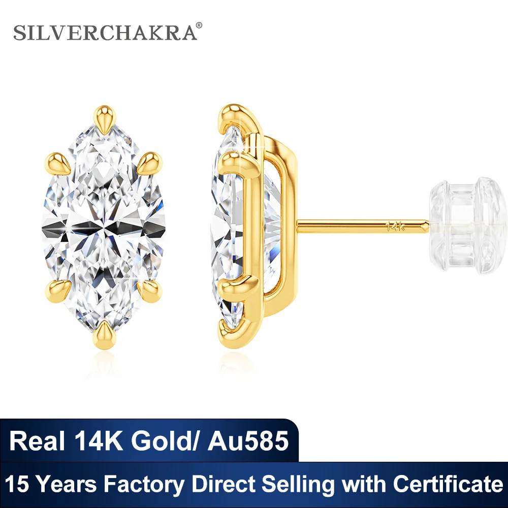 Trendy Solitaire 14K Gold Stud Earrings for Women Marquise Moissanite Diamond Au585 K Gold Wedding Engagement Unisex Jewelry
