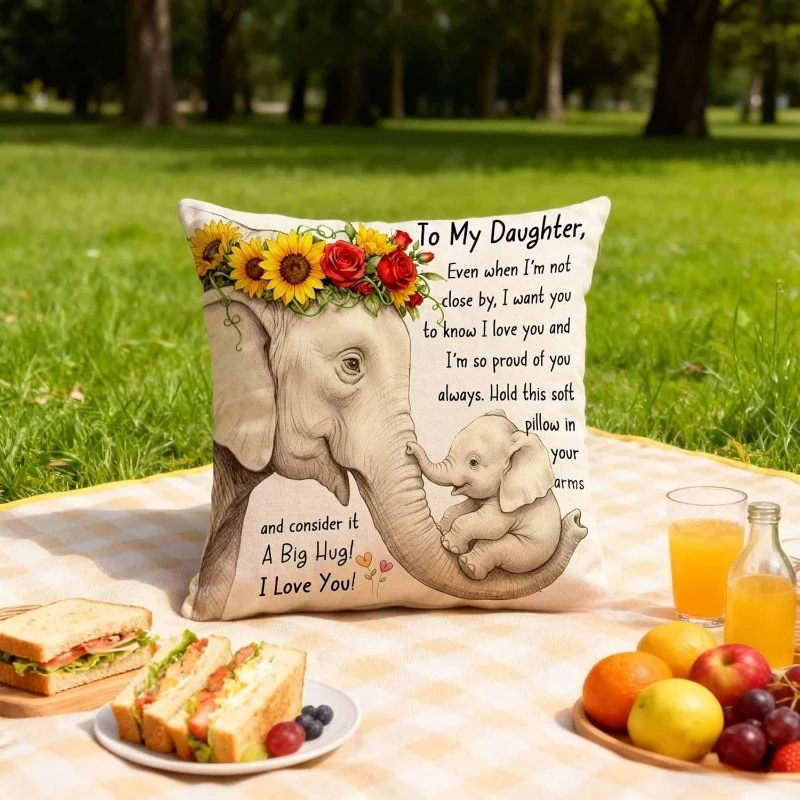 1pc Elephant To My Daughter Big Hug Print Throw Pillow Cover,Suitable for Sofa,Bedroom,Living Room,A Warm Gift for Daughter