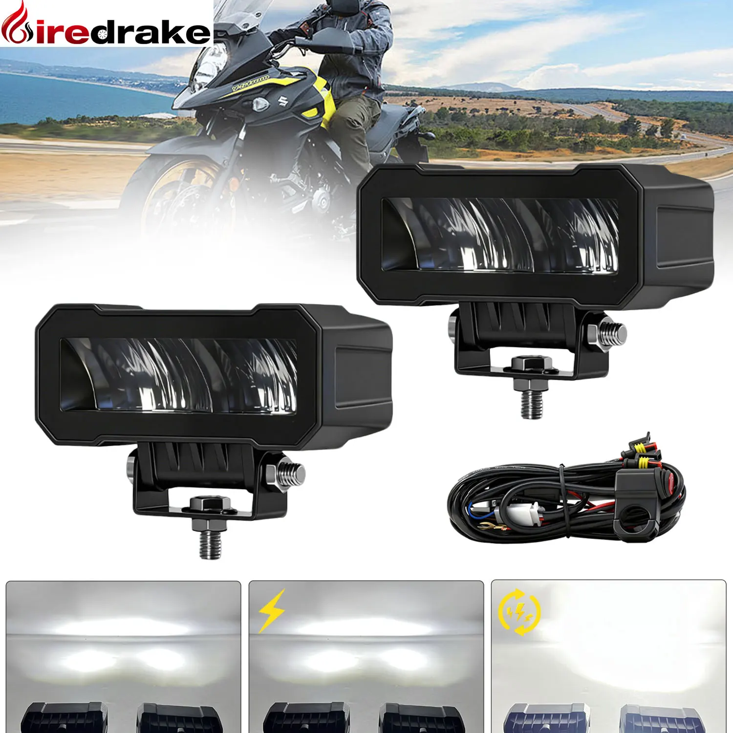 

Led 300W Lighthouse Motorcycle Headlights LED Work Light Bar Wiring Kit Fog Lamp Projector 6000K for ATV Truck Dirt Bike SUV UTV