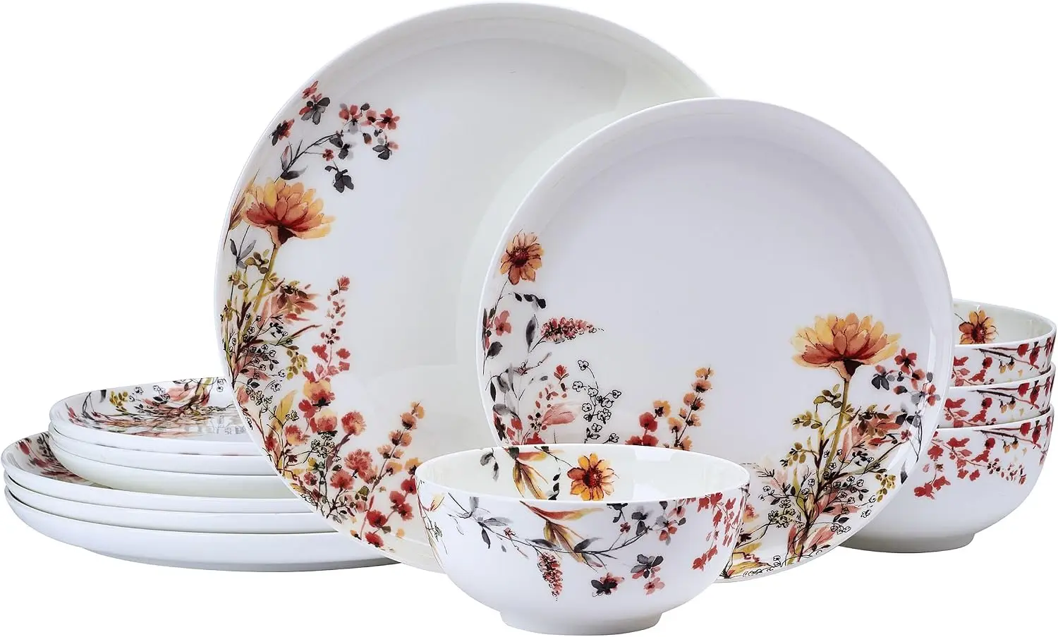 12-Piece Floral Bone China Dinnerware Set, Lightweight Durable Chip-Resistant Tableware, Service for 4