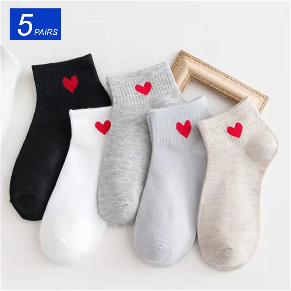 

5 Pairs Cut Heart Women Polyester Cotton Socks Pack Set Summer Spring Short Ankle Socks Low Top Girls Sweet Socks