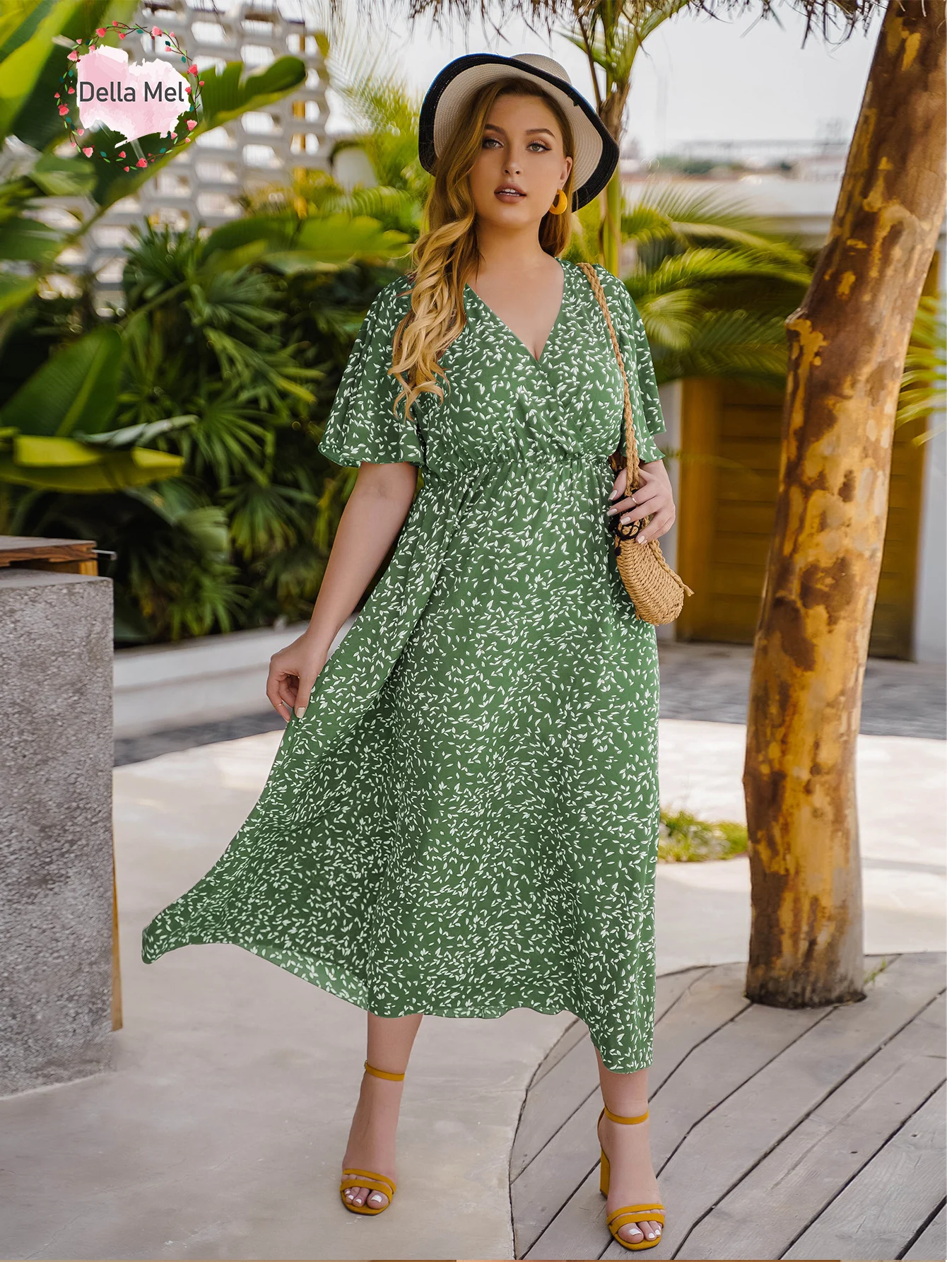 Della Mel Women Plus Size Dresses Casual Holiday V-neck Ruffle Sleeve Maxi Dress Lady Party Green Print Large Size Long Dress