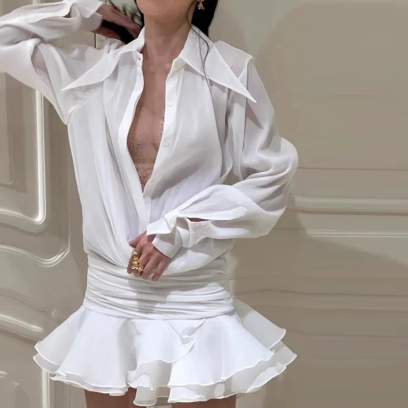 สีขาว Flare Sleeve A Line Dress ฤดูใบไม้ผลิฤดูร้อนเสื้อสไตล์ปาร์ตี้ชุดแขนยาวแฟชั่น Chic V คอชุดลําลองมินิเดรส