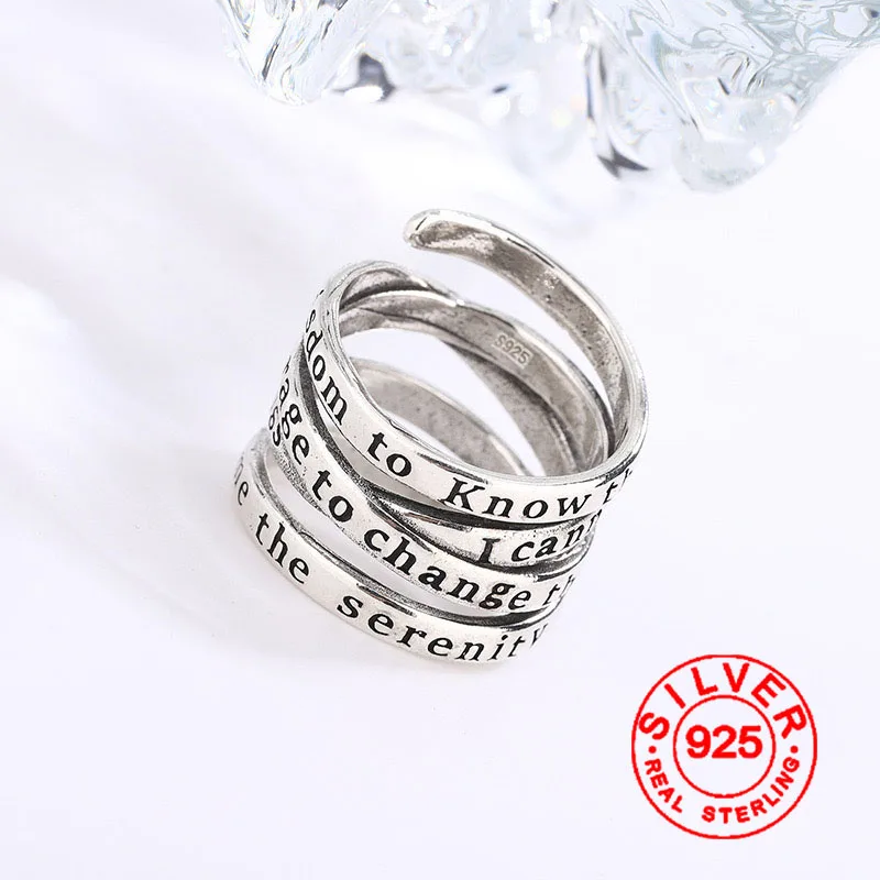 925 Sterling Silver Rings For Women Simple Vintage Handmade Adjustable Finger Retro Letters Ring Fashion Band Female Bijoux Gift