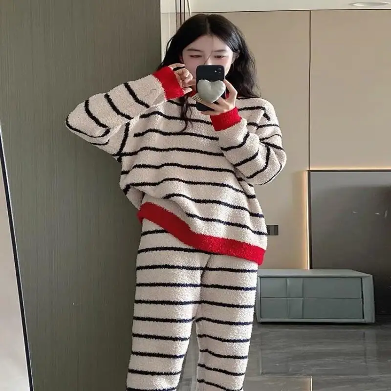 

Полосатый кардиган, толстый женский комплект одежды для сна, фланелевой комплект ночного белья с длинными рукавами, пижамный комплект, домашний комплект, пижамный комплект, мягкий пижамный комплект
