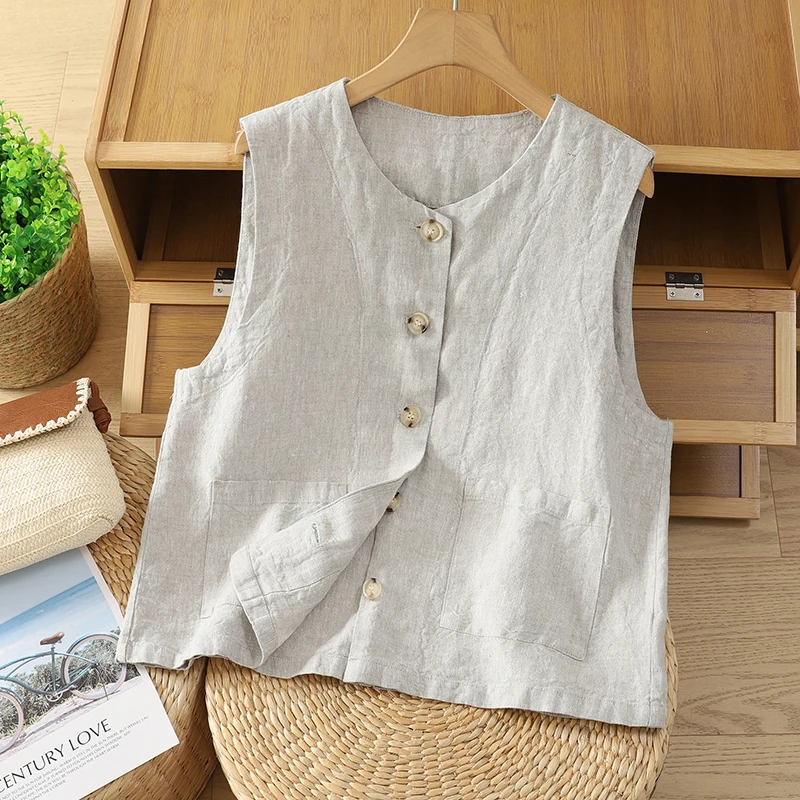 Women's Gray Coffee Cotton Linen Vest Spring Summer Sleeveless Jacket Coat Vintage Waistcoat Cover Up Shrug Top