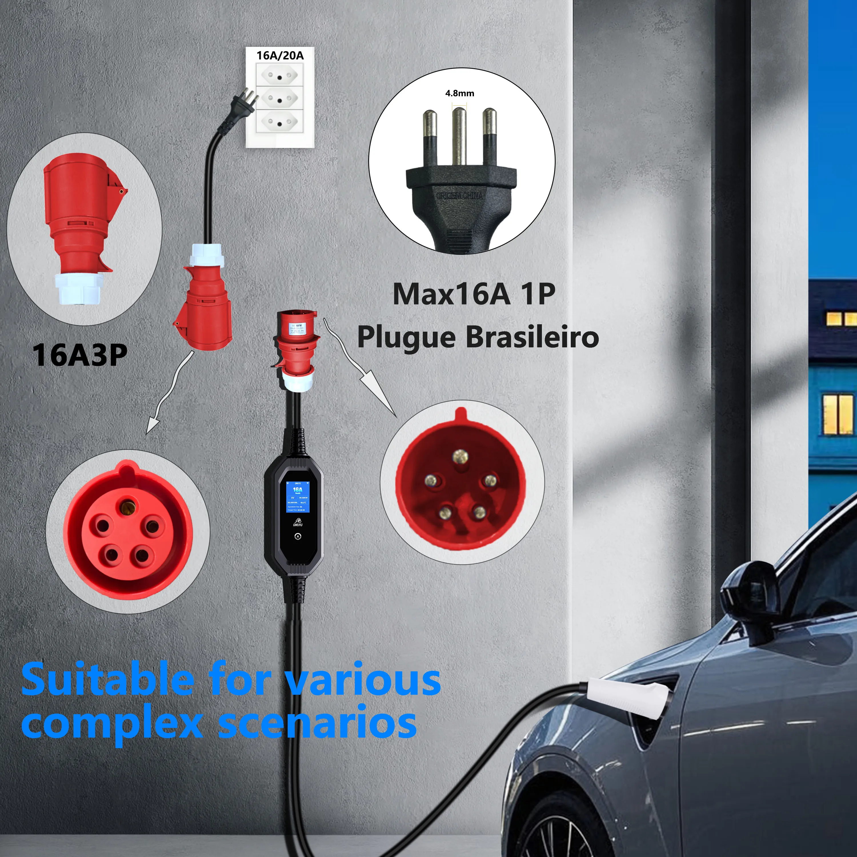 GWUYU Portable Electric Car Charger Red Connector Brazilian Plug Adapter 11kW 16A to 3.5kW 16A Custom Plug for Vehicle Charging