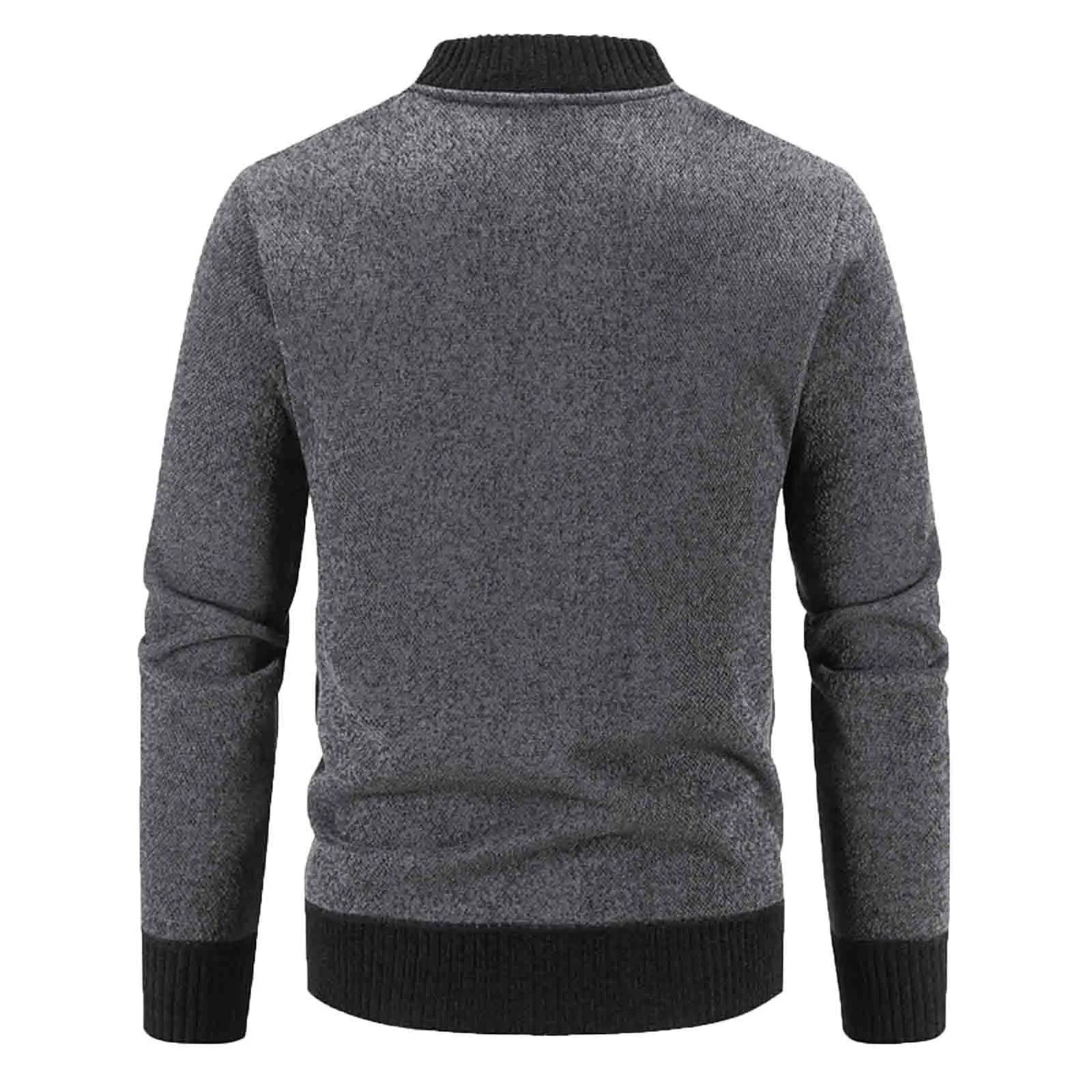 Men's Grey Casual Jackets Autumn Winter Warm Fleece Lined Zipper Knitted Sweater Fashion Long Sleeve Stand Collar Outwears Coats