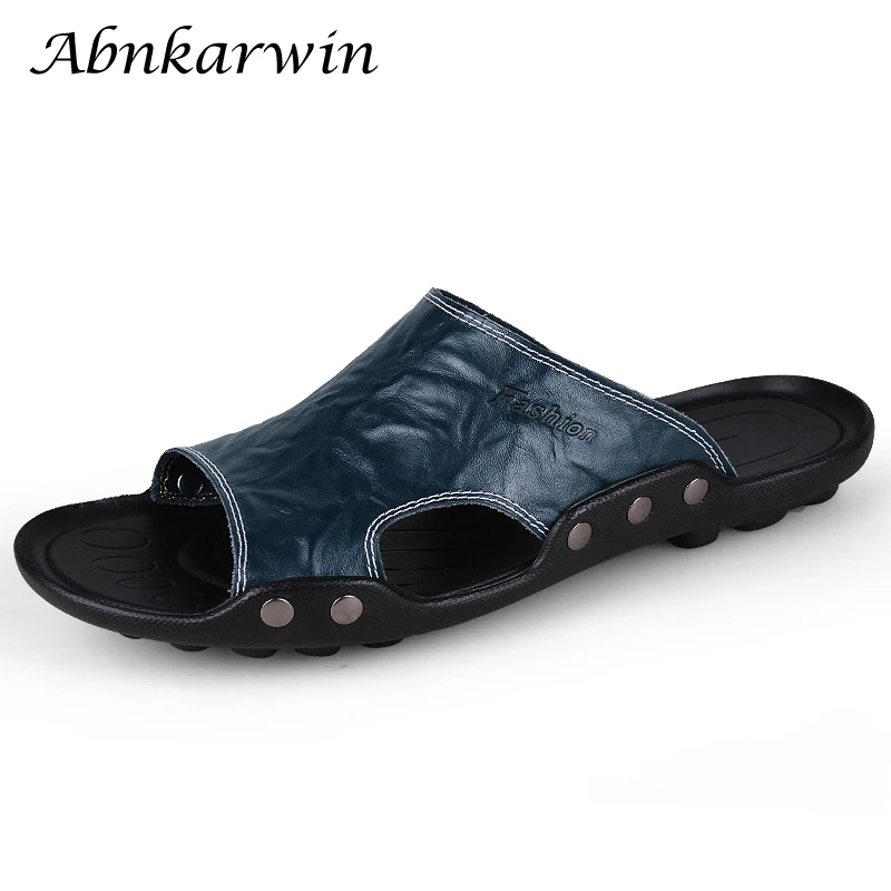 Men Leather Slippers Slides Summer Casual Slip On Shoes Flats Breathable Hot Sale Cheap