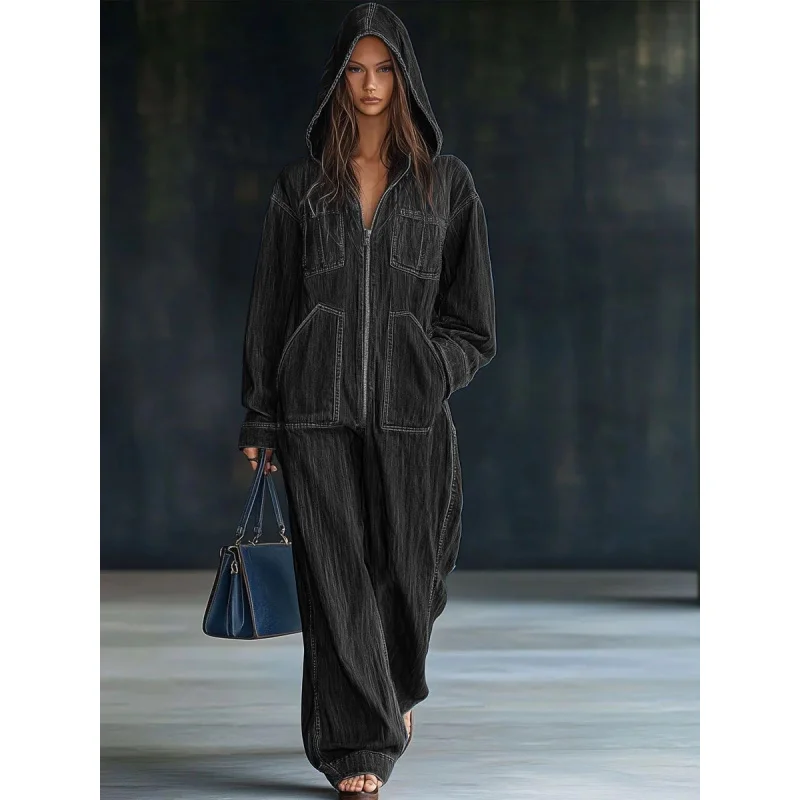 

Women's Hooded One-Piece Jeans Autumn Winter High Street Style Comfortable Lazy Feel Spring Clothing American Fashion