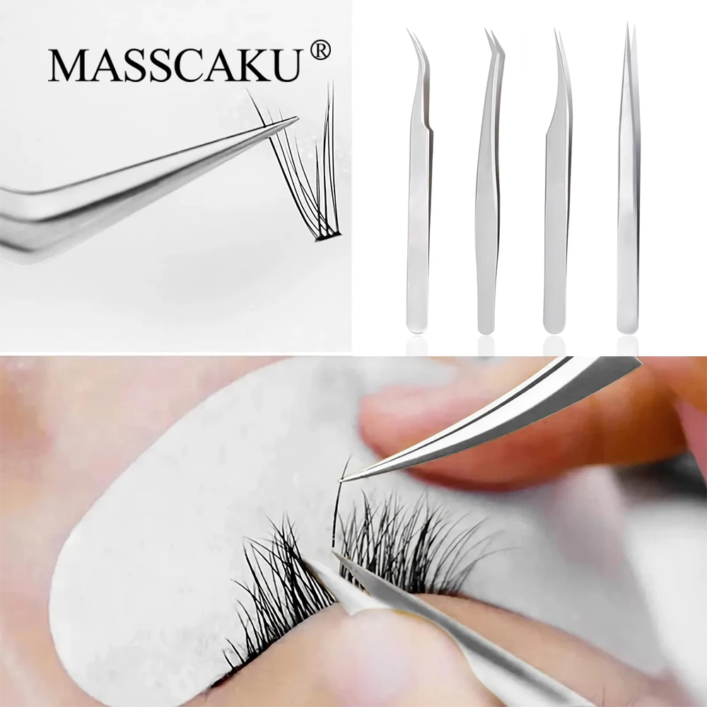 MASSCAKU Bulk Sale Russian stainless non-magnetic eyelash extension tweezers 3D lash accurate tweezer make up tools