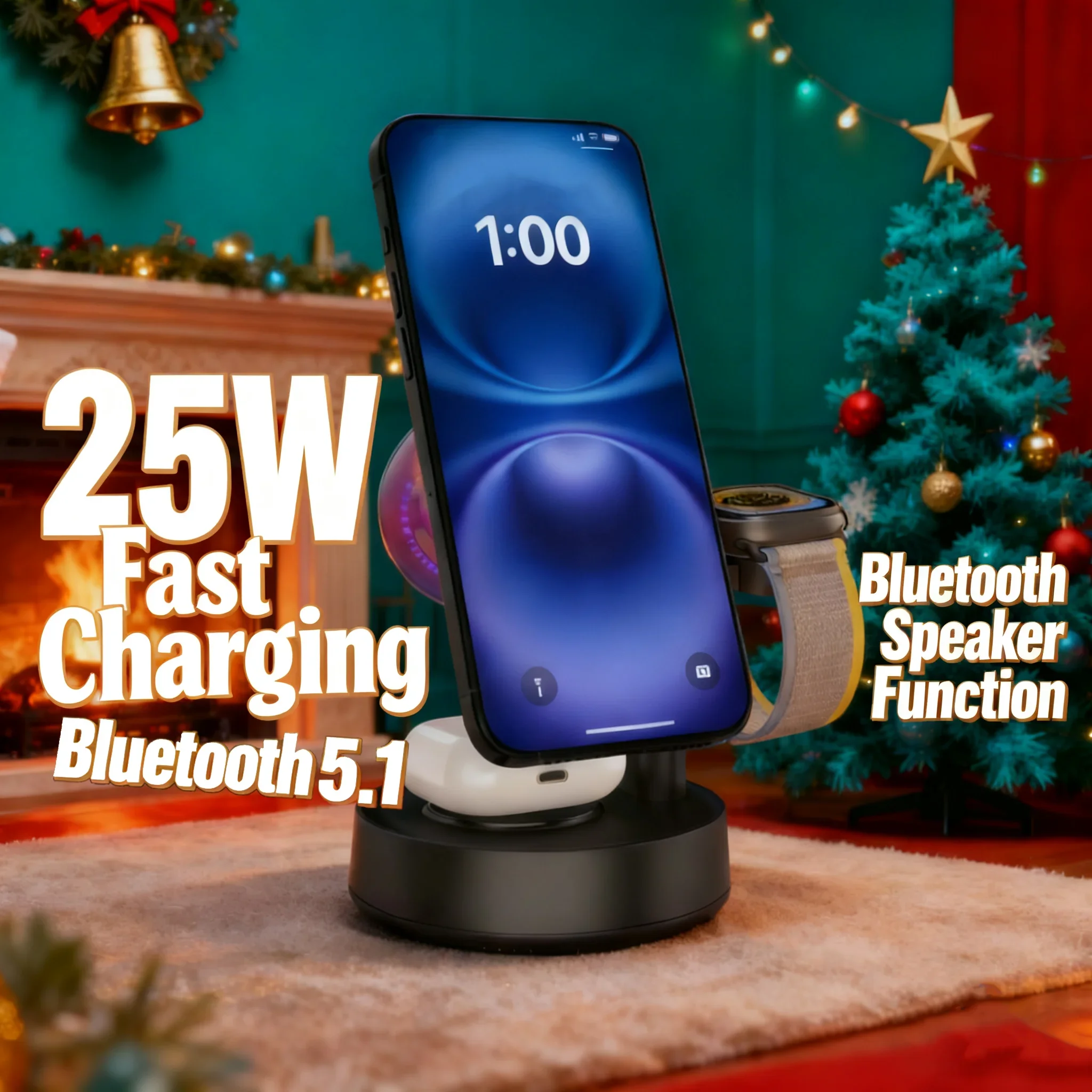 25 واط 3 في 1 الموسيقى شاحن لاسلكي سمّاعات بلوتوث المغناطيسي هدية عيد الميلاد آيفون 17 16 15 برو ماكس للساعة 1-10 Airpods #1