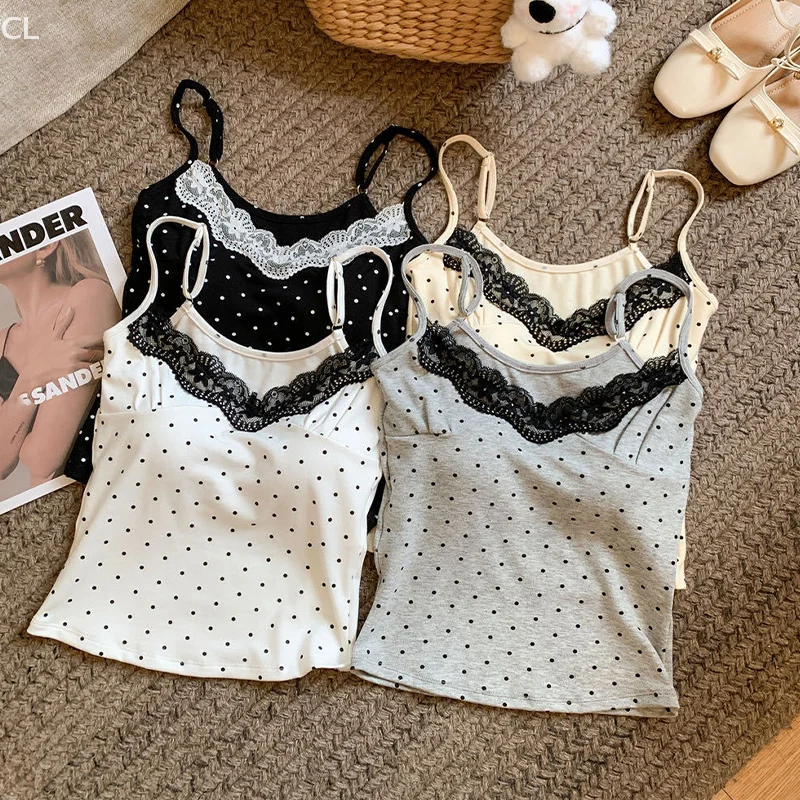 Dames Zomer Pure Lust Stijl Stippen Slanke Korte Sling Tops Zoet Pittig Meisje Kanten Randen Gesplitst V-hals Mouwloos Hemdje