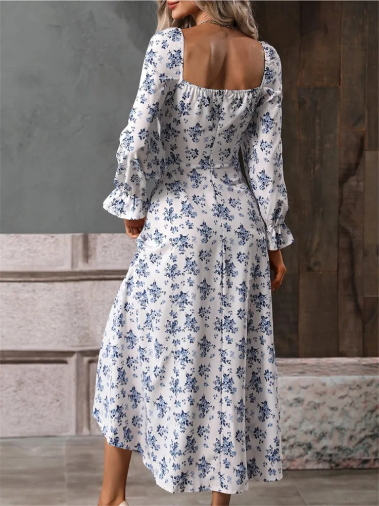 Msfilia Fashion Printed Full Sleeve Backless Bohemian Dress Women\'s Spring Summer Long Dresses