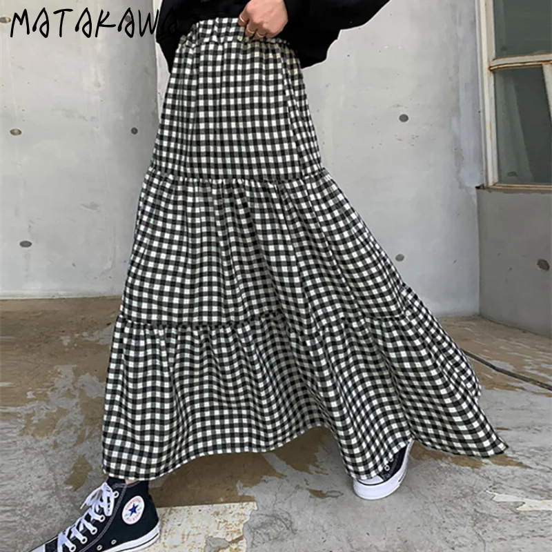 

Matakawa Skirts Korean Fashion Elastic Waist Faldas Largas Contrast Color Plaid Loose Casual Cake Long Skirt Patchwork Jupes