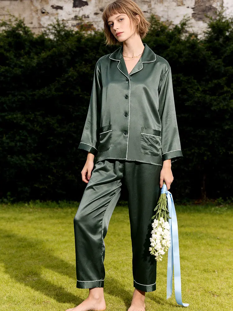 22momme 100% Mulberry Silk Women's Long Sleeve Pajama Set Two-Piece Solid Color Button Down Elegant Loungewear Spring Home Suit
