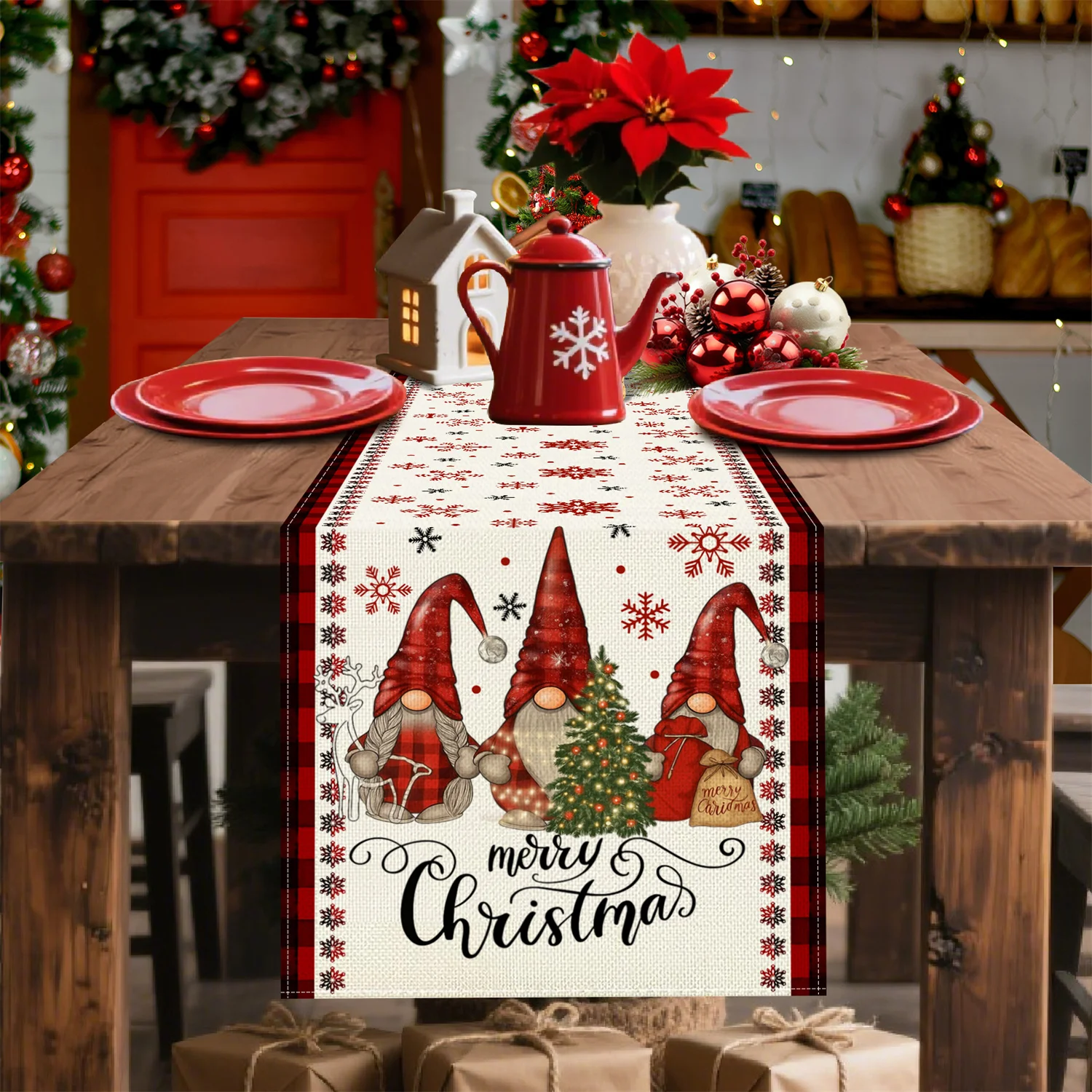 1pc Christmas Table Runner Compatible for Gnomes - Snowflake & Gnome Design Holiday Dining Table Decor, Fabric with Snowflake,