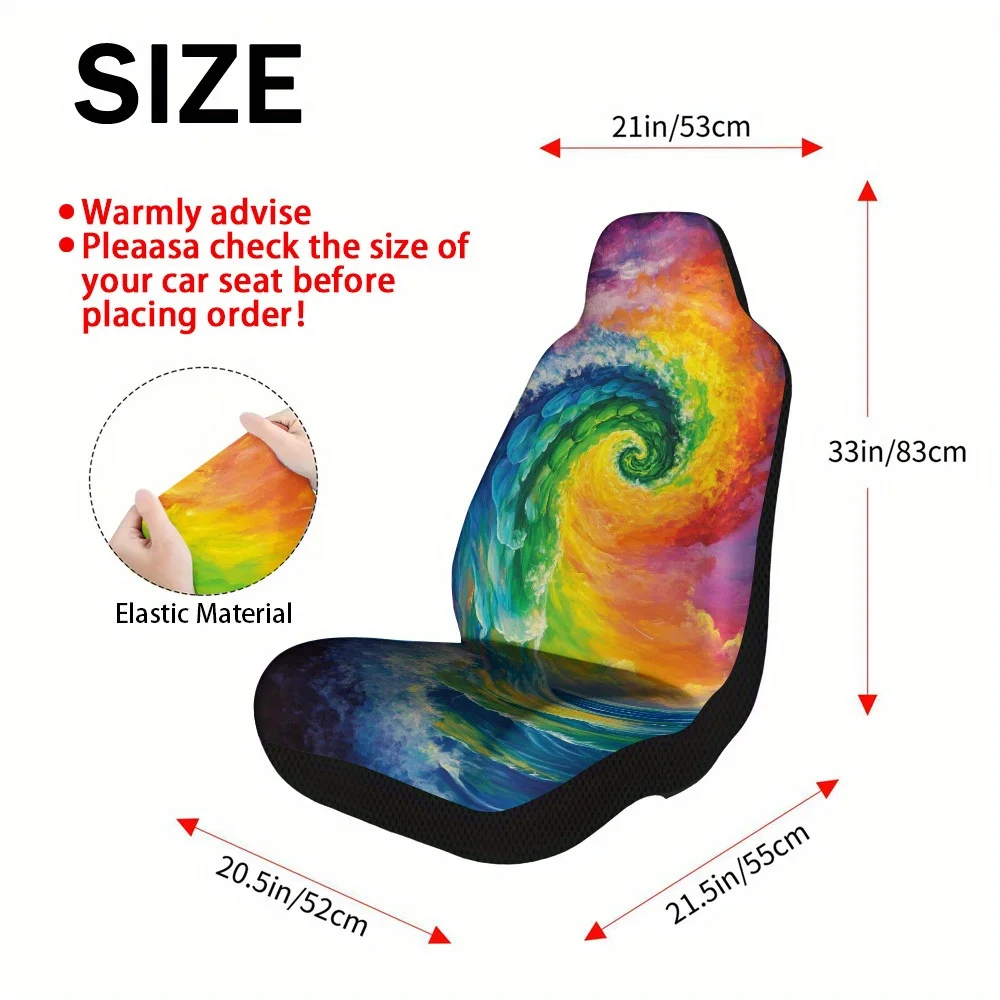 2pcs Psychedelic Rainbow Wave Car Seat Covers - Vibrant Multicolor Swirl Design, Durable Polyester, Easy Install & Washable, Fit