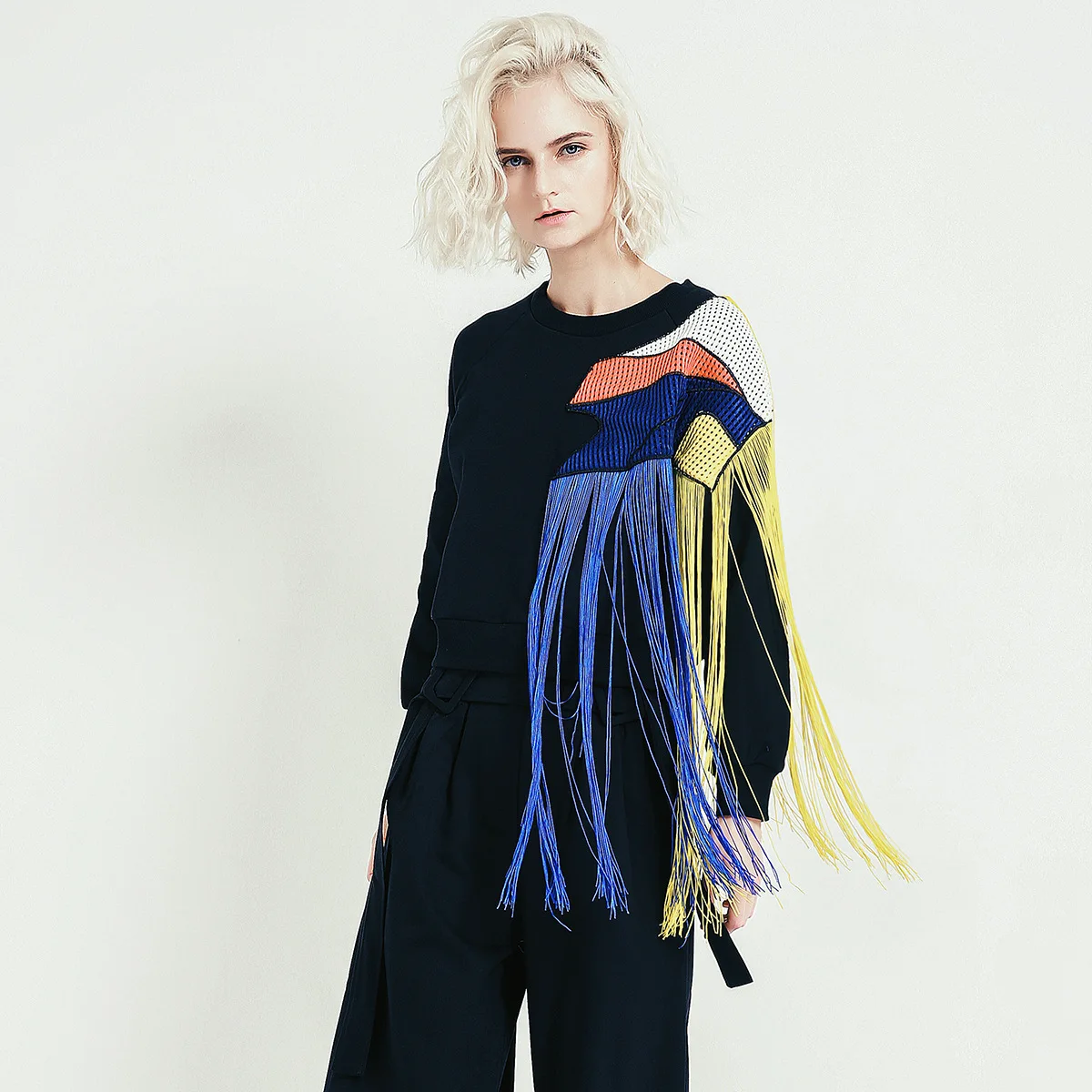 

Женский зимний уличный модный утолщенный свитер, модная лоскутная сетка с радужной бахромой и утолщенная толстовка с капюшоном, сверхпрочная