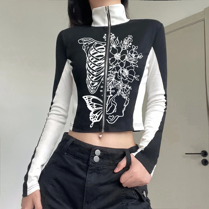 Women Long Sleeve Contrast Skeleton Flower Print Zip Up Jacket Retro punk biker sexy hottie slim fit windproof top Surfwear y2k