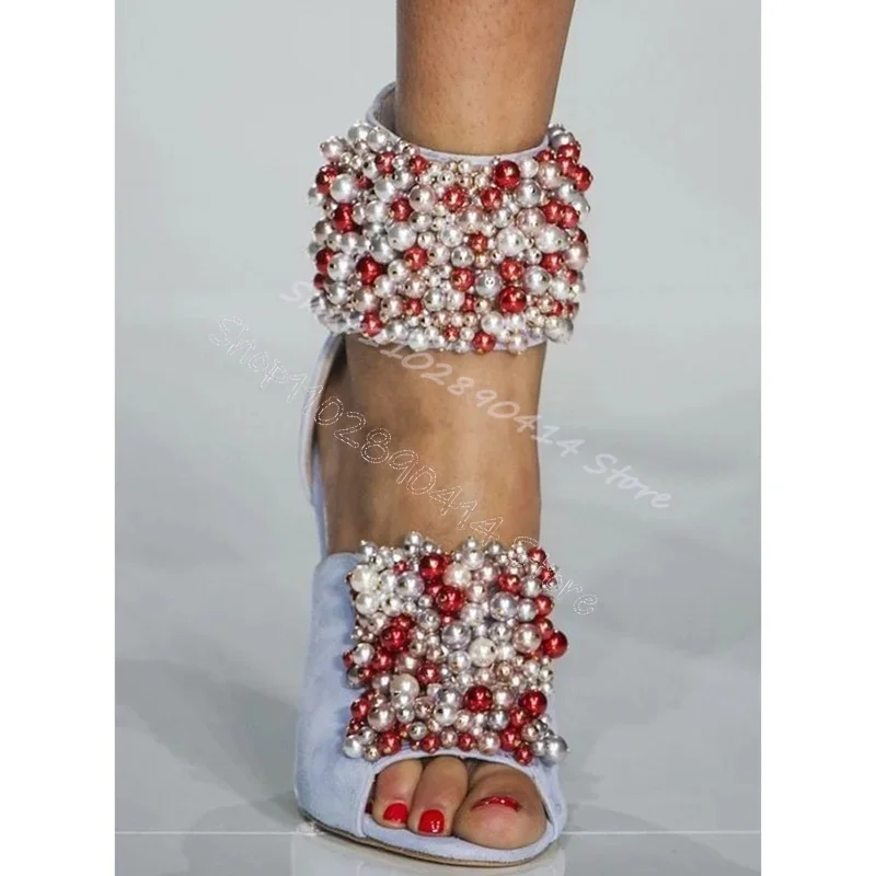 

Colorful Pearl Decor Open Toe Runway Sandals Back Zipper Women Shoes Thin High Heels Party Feast Runway 2025 Zapatos Para Mujere