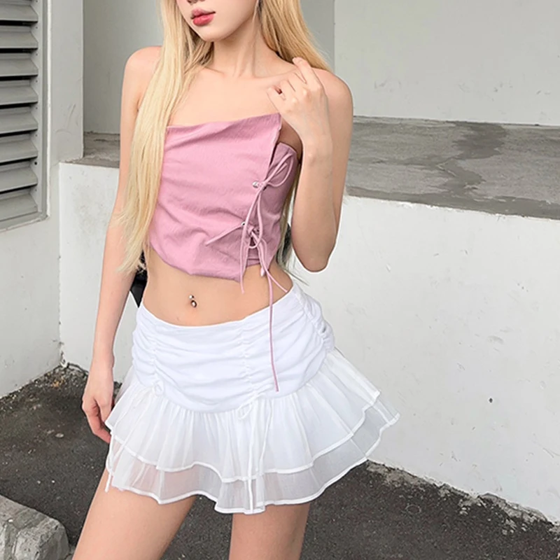 Xingqing y2k Skirt Women Fairycore Clothes Solid Color Elastic Low Waist Ruffle Hem A Line Mini Skirt 2000s Skirts Streetwear