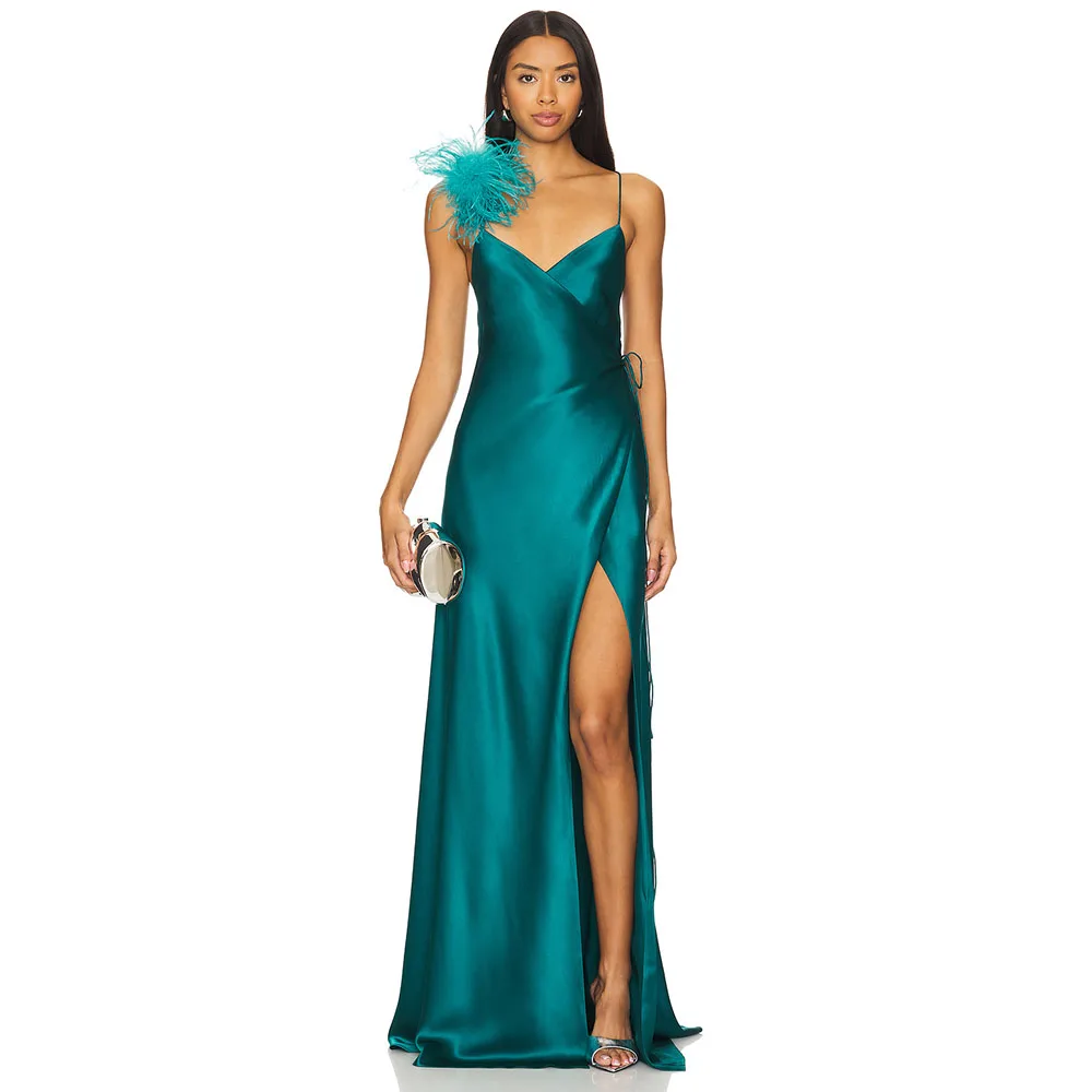 

Modern Lake Green Satin Women's Evening Gown Spaghetti Stras With Feather A line Floor Length Formal Party Dress V Neck Dress